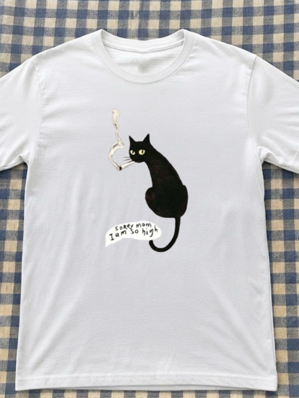 Gildan White Tee with Black Cat Smoking Graphic